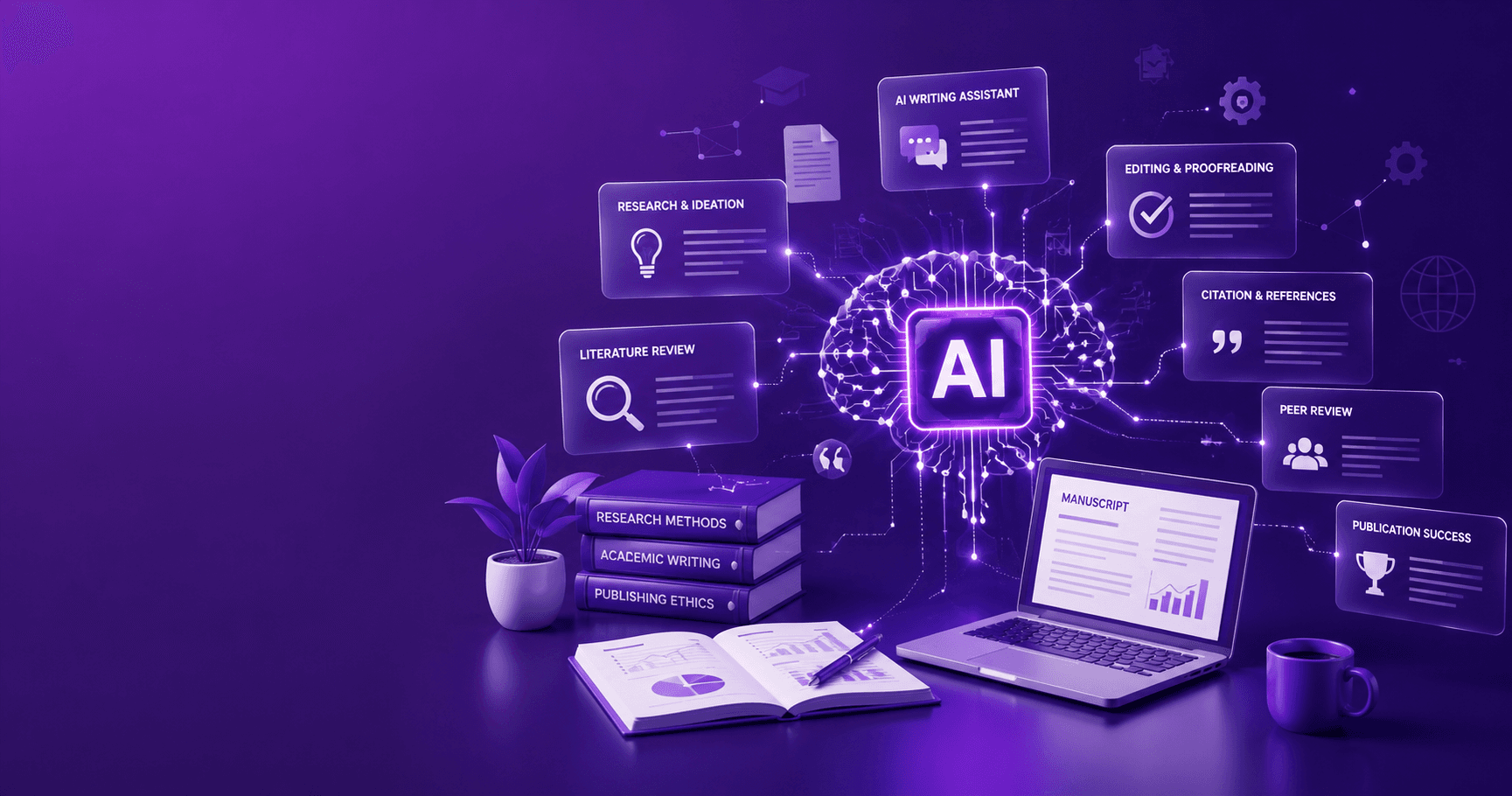 Illustration representing AI academic writing and research paper publishing workflow